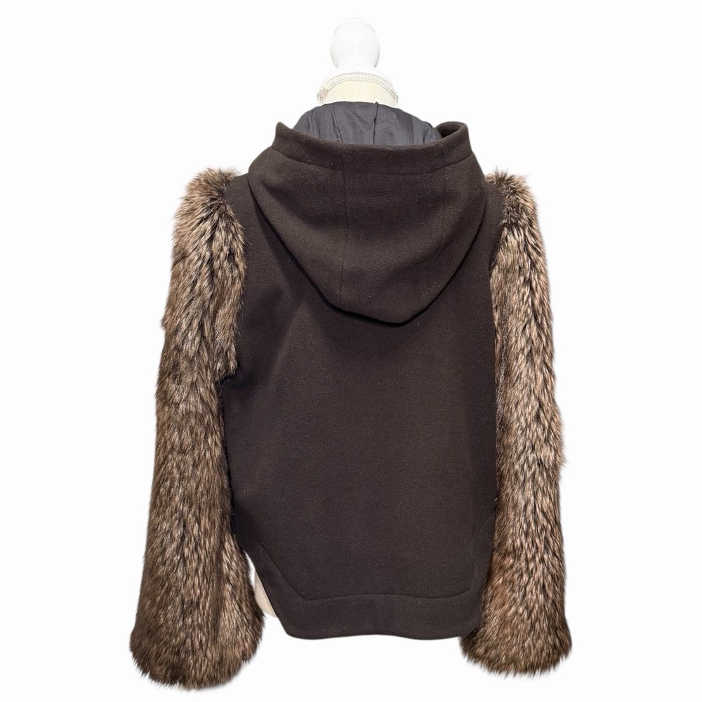 Anthropologie Leifsdottir Hooded Brown Coat Faux Fur Sleeves Jacket Size 10 - Picture 4 of 10